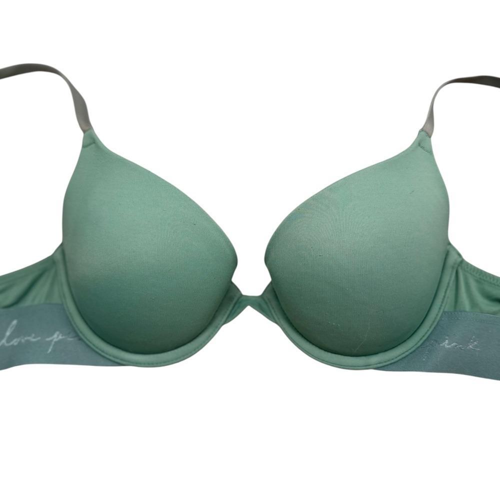 VS PINK Wear Everywhere Bra Womens Green Logo Band Padded Underwire Push Up